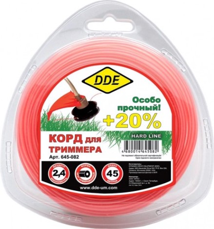 Леска триммерная DDE Hard line (2,4 ммх45 м; круг армированный; серая/красная) [645-082]
