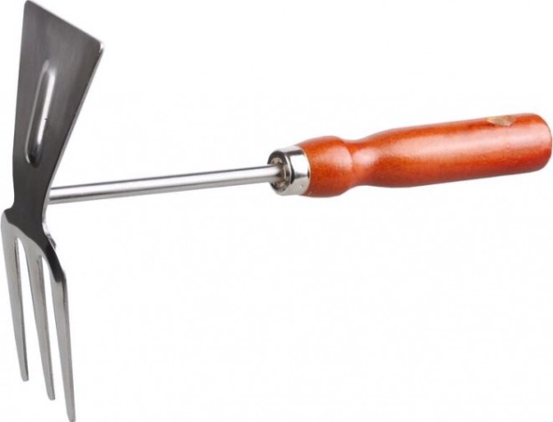 Мотыжка GRINDA 8-421135 прямое лезвие - 3 зубца из нержавеющей стали, деревянная ручка, 250 мм [8-421135_z01]