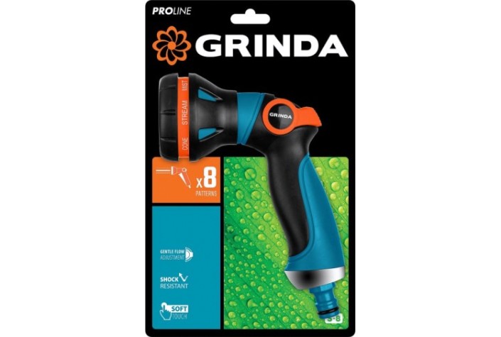 Пистолет для полива GRINDA PROLine S-8 двухкомпонентный с регулятором напора, 8 режимов [429100]
