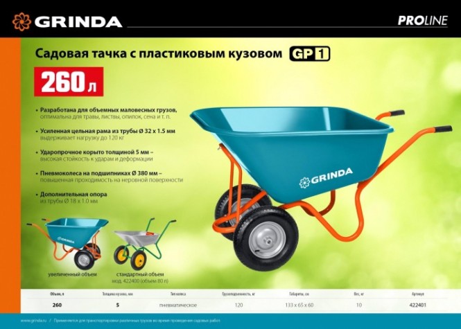 Тачка садовая GRINDA GP-1 ударопрочный пластиковый кузов 260л г/п 120кг [422401]